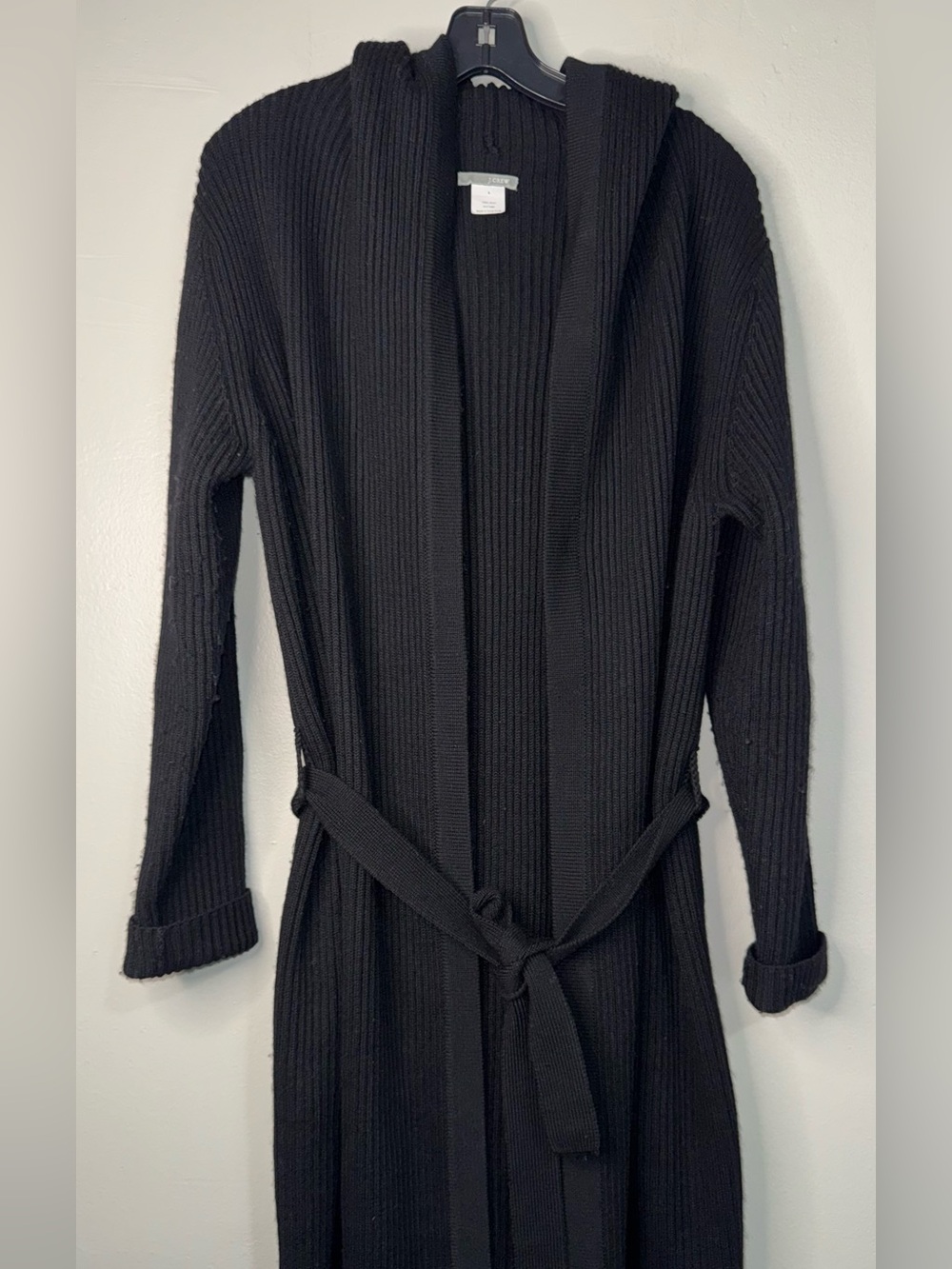 J. Crew 100% Black Ribbed Hooded Long Cardigan with Tie Belt - Picture 5 of 10